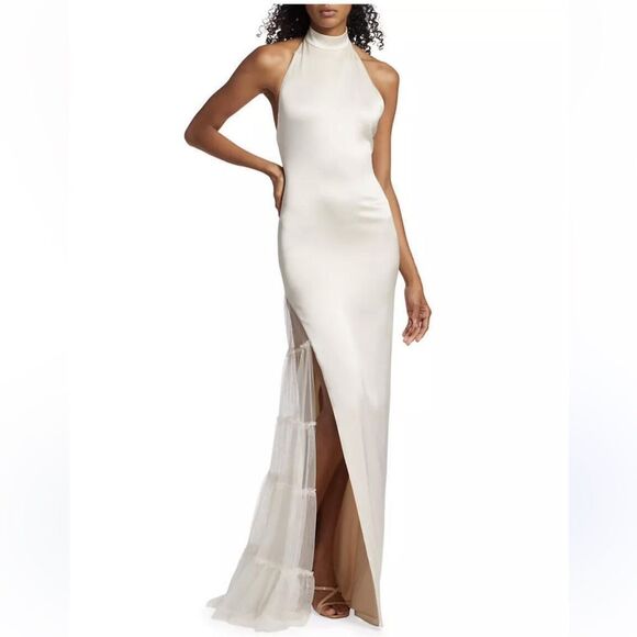 NEW Alice + Olivia Ryn Slit Tulle Panel Halter Maxi Dress Champagne Size 6 - Picture 12 of 12